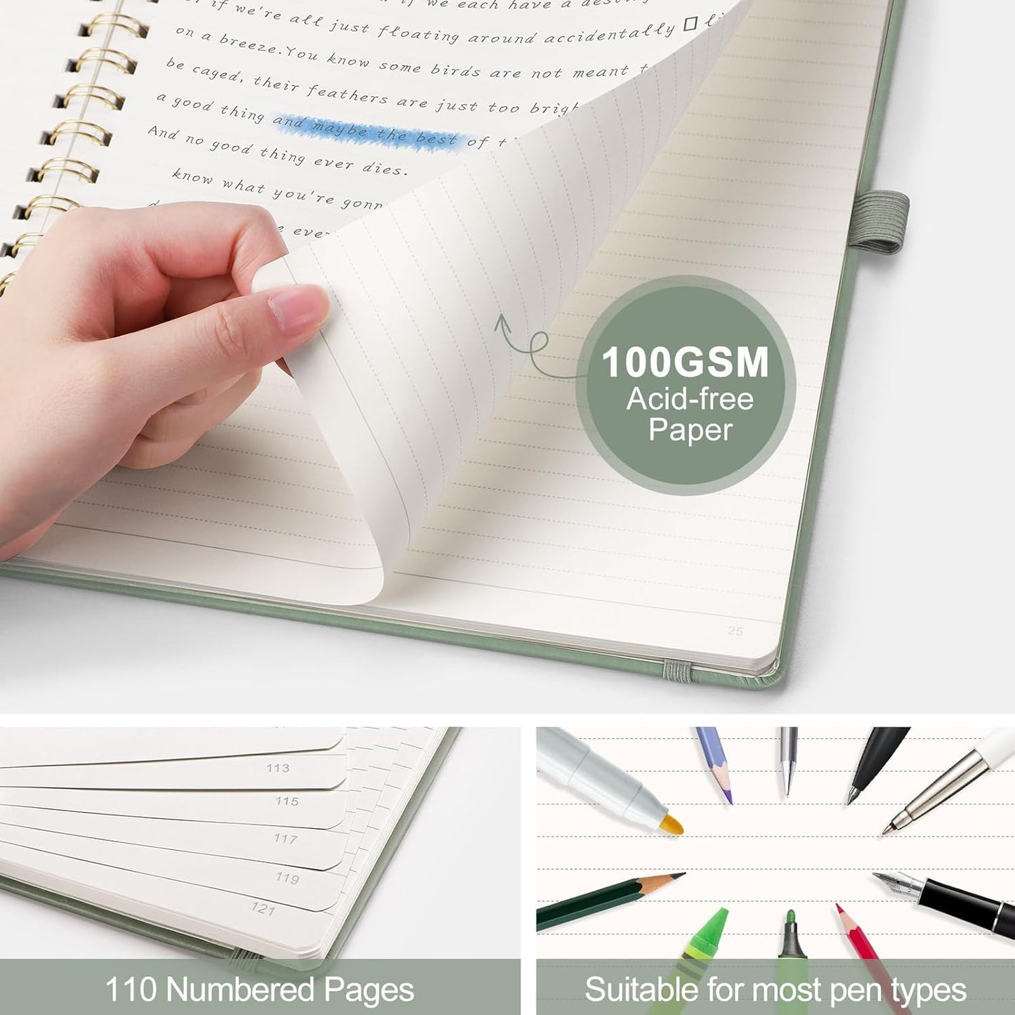 AHGXG Lined Spiral Journal Notebook for Women Men, 8.5" x 11", A4 Large, College Ruled, Hardcover Leather, 100 GSM Paper, Notebooks for Work School Note Taking Writing, Sage Green