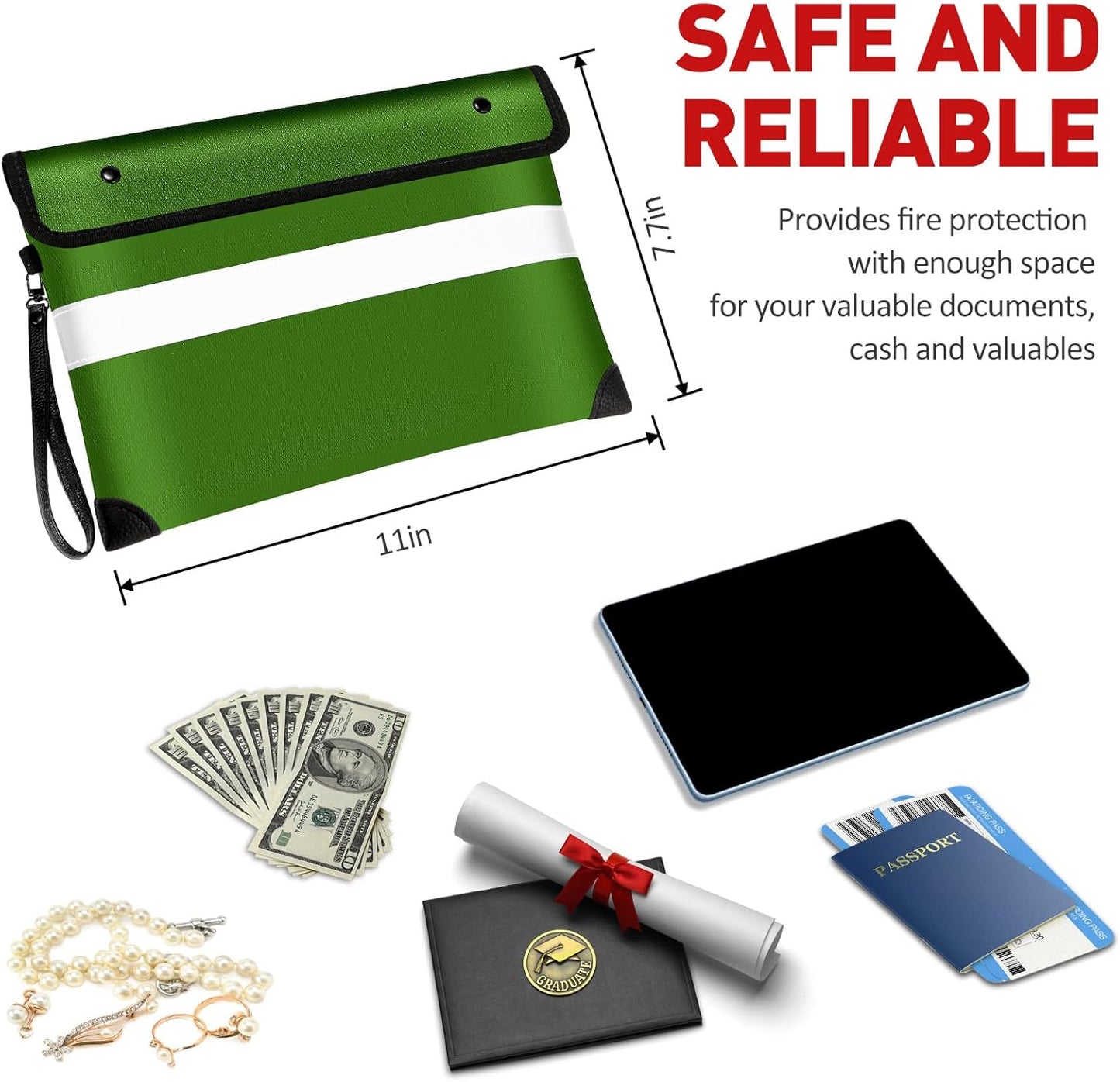 Vailoin Fireproof Money Bag for Cash, 6200℉ Insulated Fire and Waterproof Document Pouch with Water Resistant Zipper,Fireproof Envelopes for Important Documents, Valuables (11"x7.7",Green)