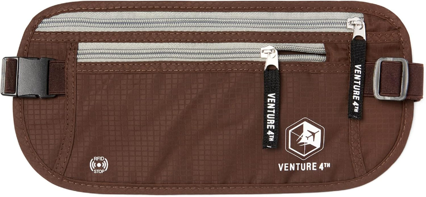 VENTURE 4TH Travel Money Belt - Slim Passport Holder RFID Blocking Travel Pouch to Protect Cash, Credit Cards and Travel Documents (Brown)