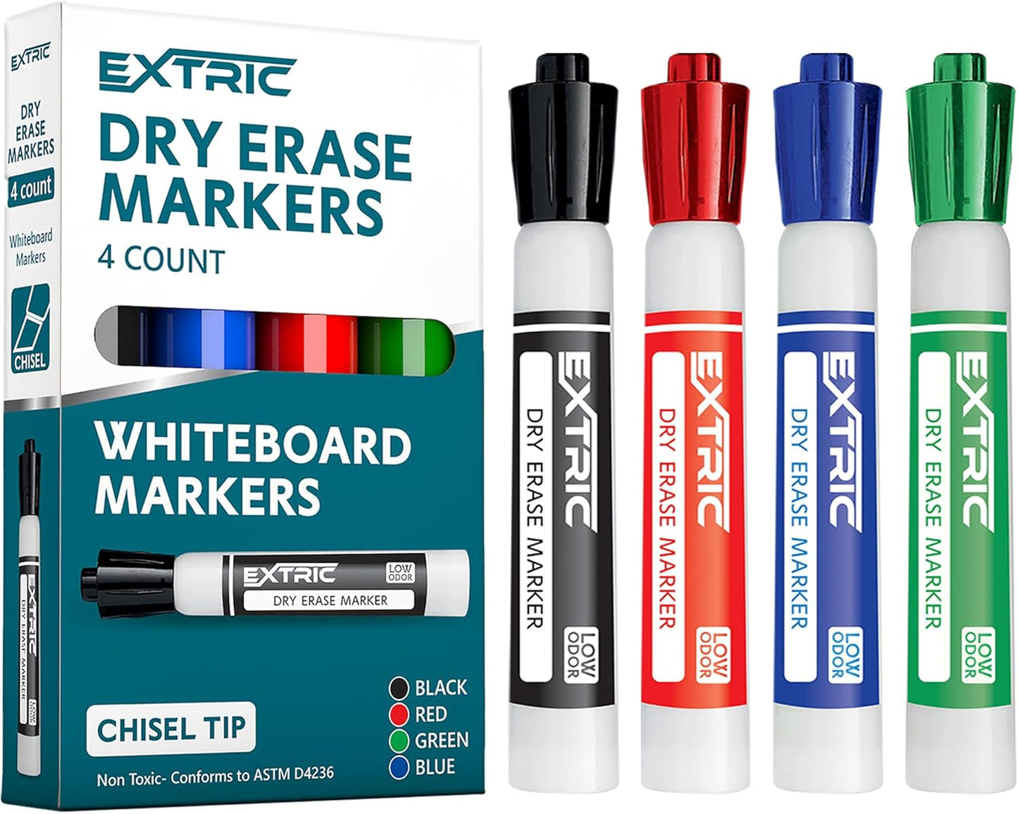 EXTRIC Dry Erase Markers Chisel Tip, Whiteboard Markers 4 Pack Assorted Colors, White Board Marker Dry Erase Red, Blue, Green, Black White Board marker Low Odor for Teachers and Students