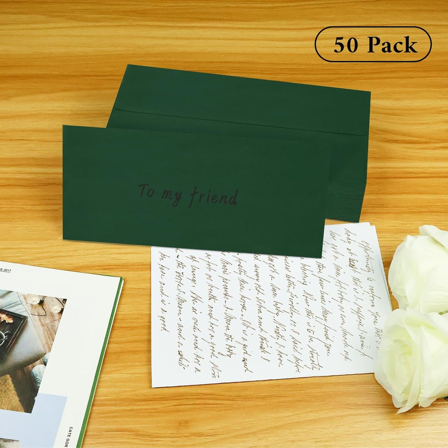 50 Pack #10 Business Envelopes, Dark Green Standard Envelopes Self Seal, Letter Size Mailing Envelopes for Checks Letters Invoices Statements Christmas Birthday Graduation Wedding, 4 1/8 x 9 1/2 Inch