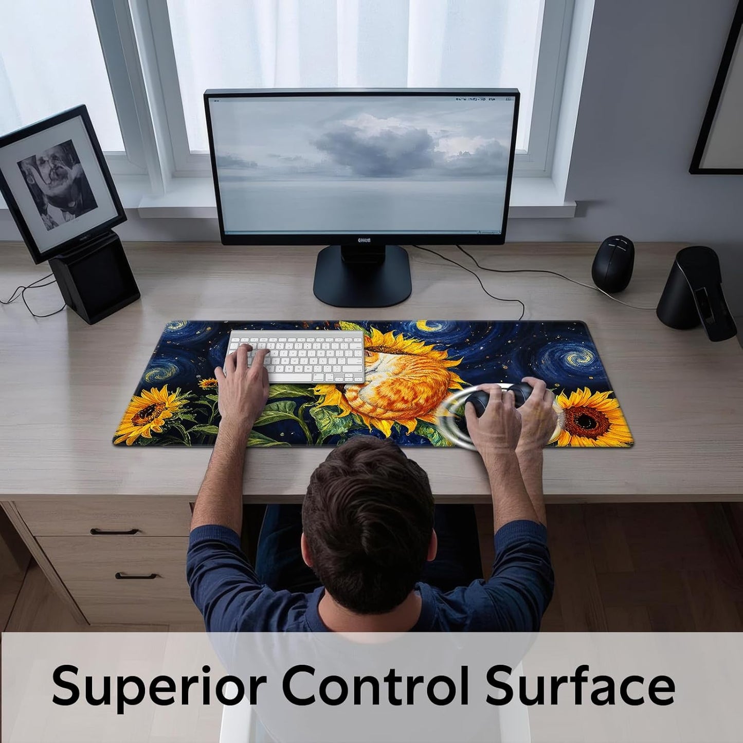 Sunflower Cat Gaming Mouse Pad, Starry Sky Cute Orange Cat Mousepad - Large Non-Slip Desk Mat for Office, PC, Laptop - 31.5"x11.8" x 3mm