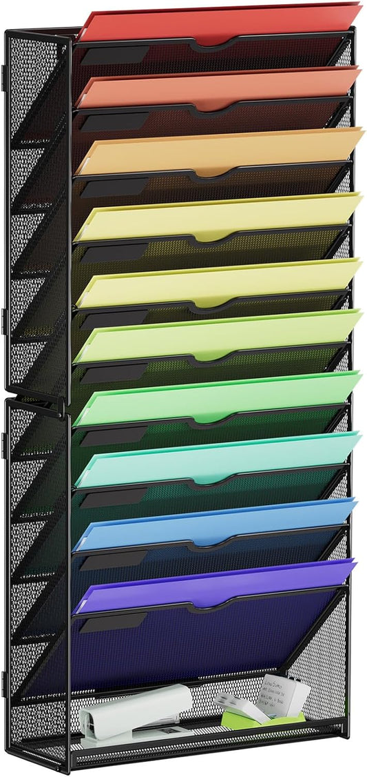 Marbrasse Wall File Holder 11-Tier Hanging Wall File Organizer, for Papers, Files Clipboard & Magazine Organizer, Wall Mount File Holder Great for Office Home (Black)