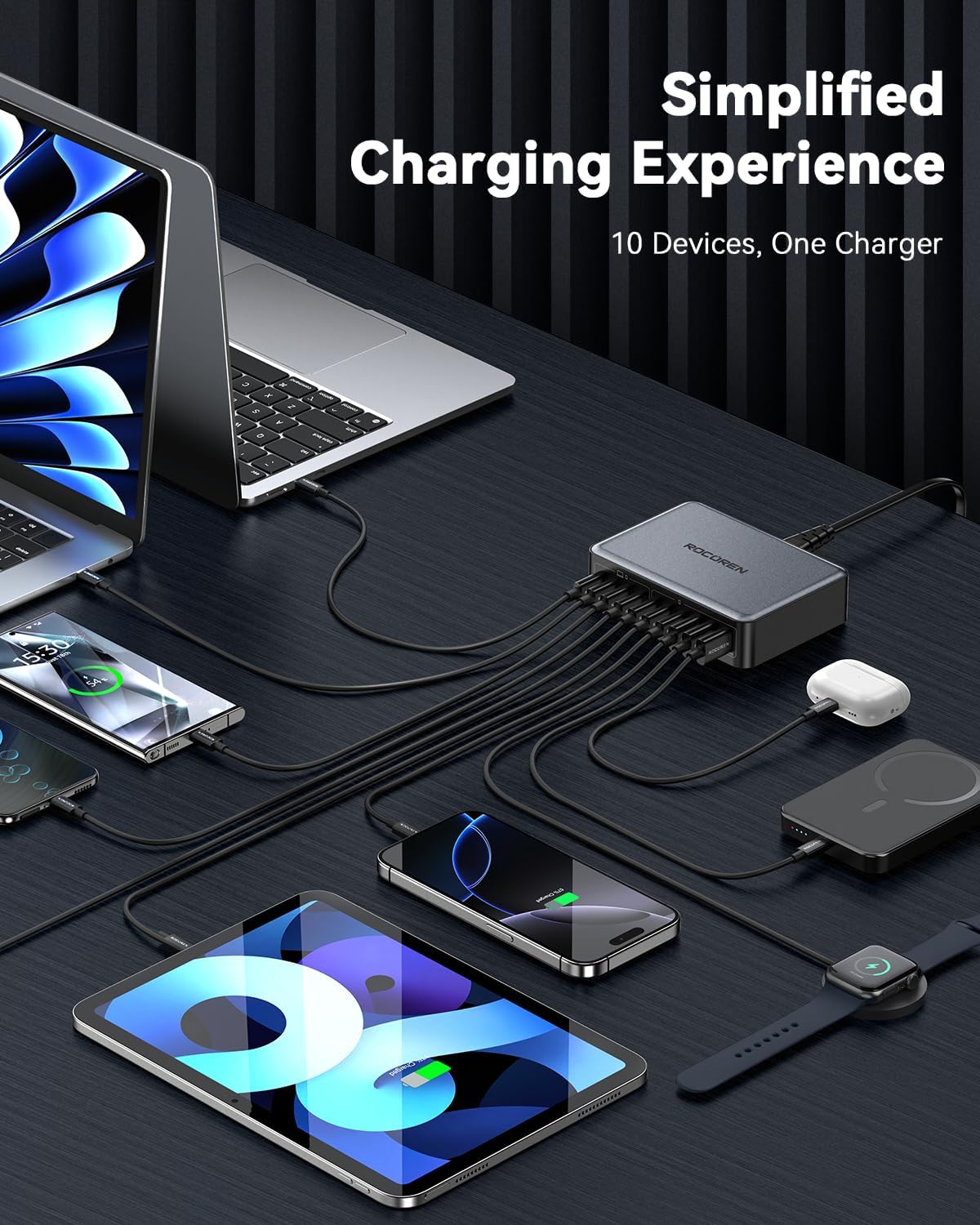 480W USB C Charger Block, Rocoren 10-Ports USB C Charging Station for Multiple Devices,PD 100W Type c Gan Fast Charger Station Multi USBC Charging Hub for Laptop MacBook HP iPad iPhone Samsung