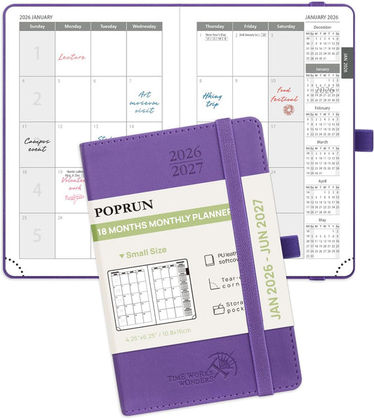 POPRUN Pocket Monthly Planner 2026-2027 (Pocket- 4''x 6.25'' Soft Leather Cover) - 18 Month Calendar Book for Purse (Jan.2026 - Jun. 2027), 100 GSM Thick Paper - Purple