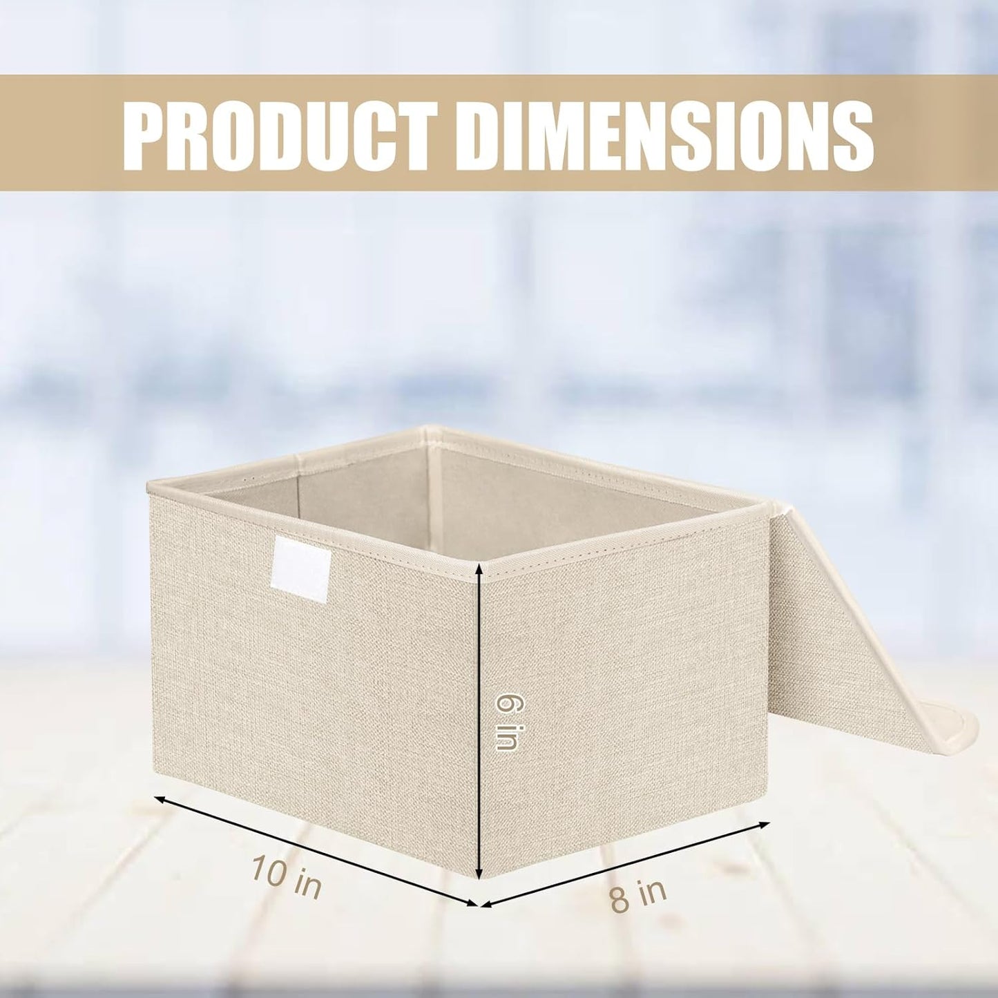 Small 8 Quart Linen Fabric Foldable Storage Bin Cube Organizer Basket with Lid & Handles, Collapsible Decorative Box Container for Home, Dorm, Closet, Beige, 10"x8"x6", 6-Pack