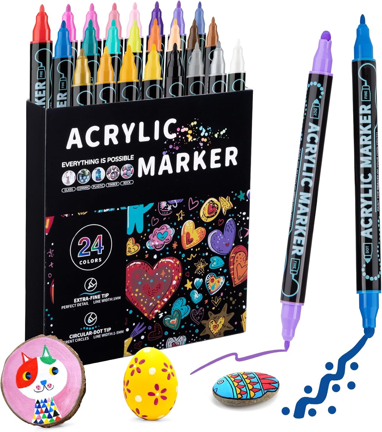24 Colors Dual Tip Acrylic Paint Markers Pen, Double Tip Premium Markers for Wood, Rock Painting, Glass, Canvas, Stone, DIY Crafts Making Art Supplies