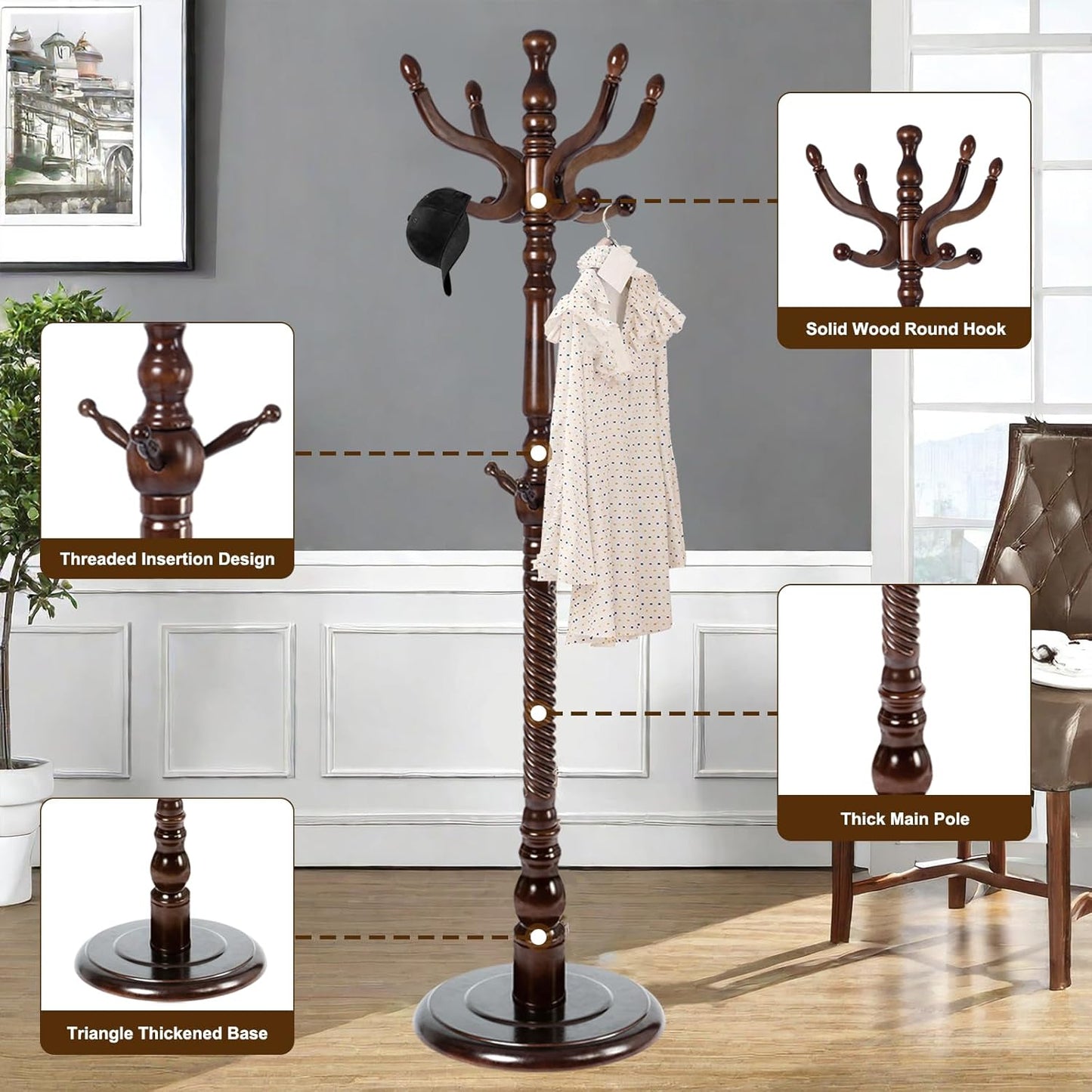 Solid Wood Coat Stand, Freestanding with Stable Base, 70" Birch Coat Tree Organizer for Home, Bedroom, Office, Hallway & Entryway with 11 Hooks