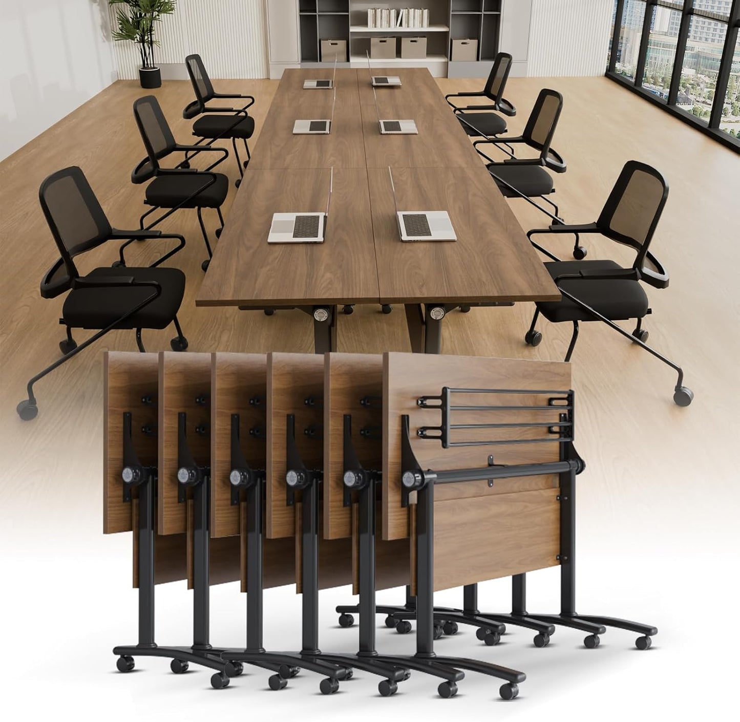 Conference Room Table with Silent Wheels, Mobile Folding Conference Table for 16 Person,Flip Top Office Training Tables with Walnuts Wood Tabletop, for School,Business Meeting Rooms (6 Pack 63in)