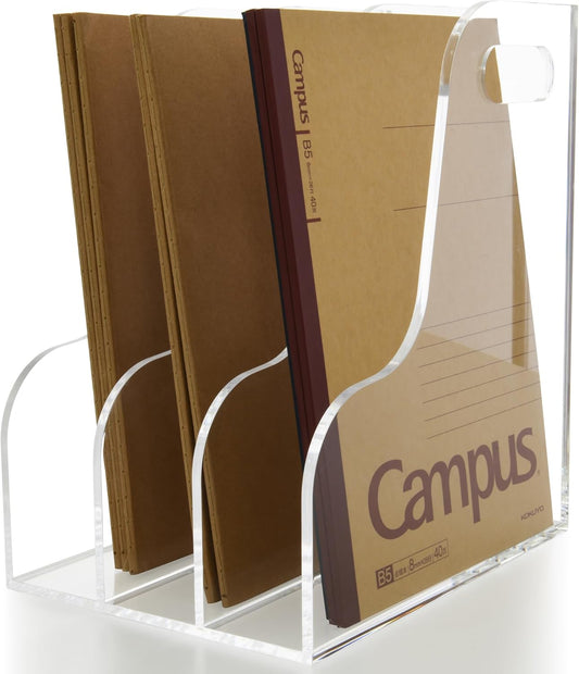3 Vertical Compartments File Holder, Clear Acrylic Desk Organizer and Storage Bins Holding for Magazines, Binders, Notebooks, Envelopes, Multi-purpose Document Organizer for Home Office