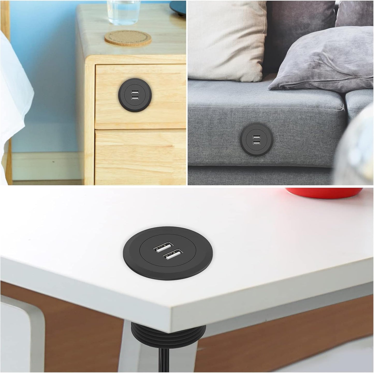 Mini Desk Power Grommet Outlet Build in 2 USB Ports Desktop Grommet with 6.56 FT Power Cord, USB Hub for Sofa, Couch, Table, Bedside, Workbench, Office, Home