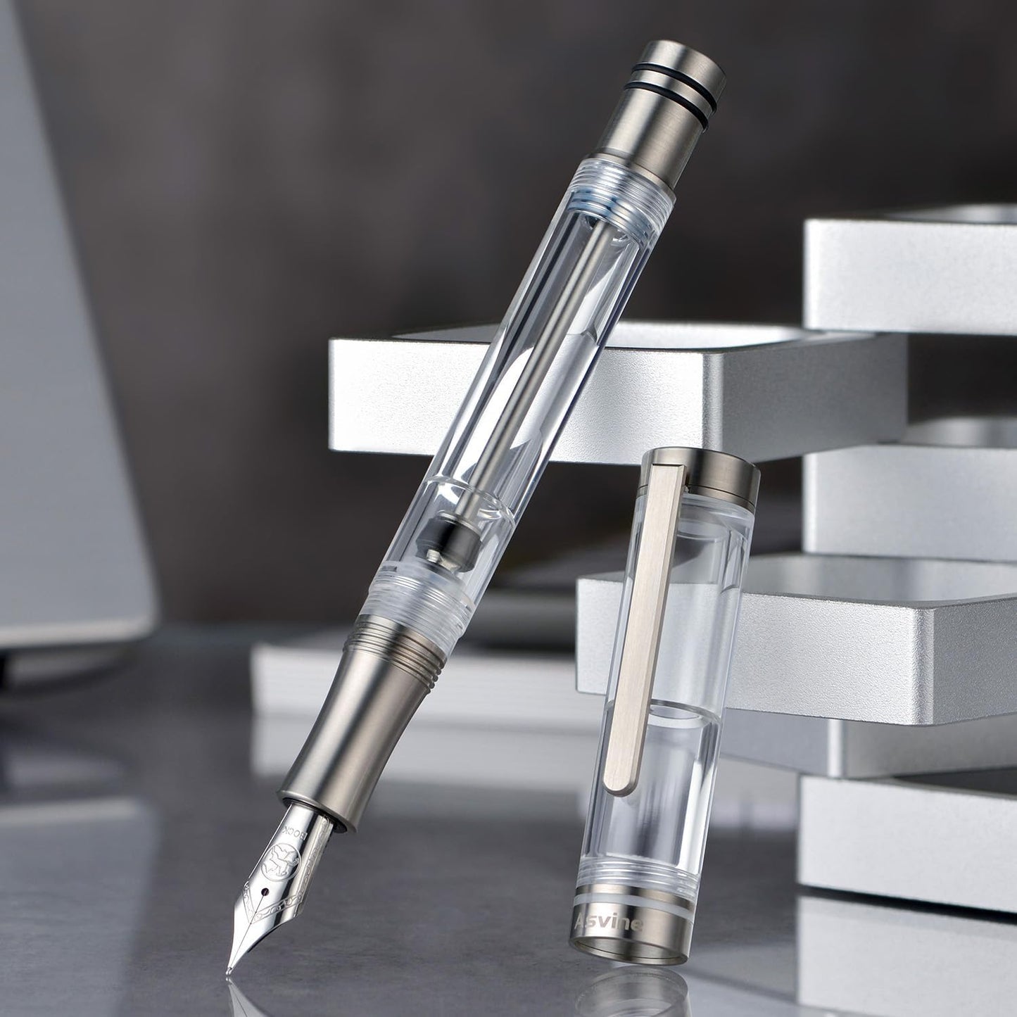 Asvine V200 Titanium Fountain Pen Vacuum Filling, Germany Bock Fine Point Clear Transparent Acrylic Smooth Writing Pen Case