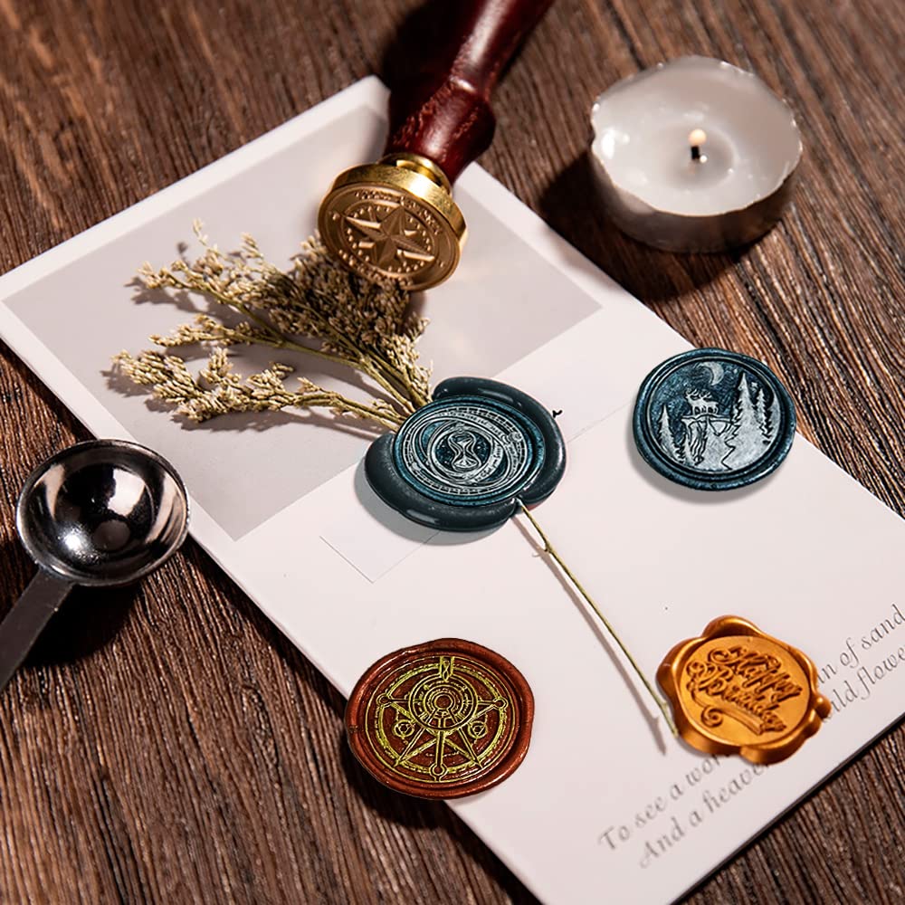 Wax Seal Stamp Hot Stamping Gift Box Set, 6 Pcs Sealing Wax Stamps Copper Seals 1 Wooden Hilt, Wax Stamp Kit for Cards Envelopes, Gift Packaging