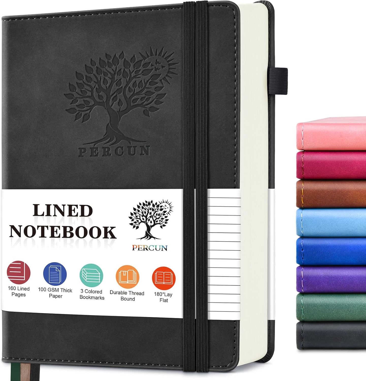 PERCUN Lined Journal Notebook for Men & Women, 160 Pages College Ruled Journal for Writing, A5 Hardcover Leather Notebooks for Work, School, Business, Travel, Daily Diary 5.9" x 8.5" - Black
