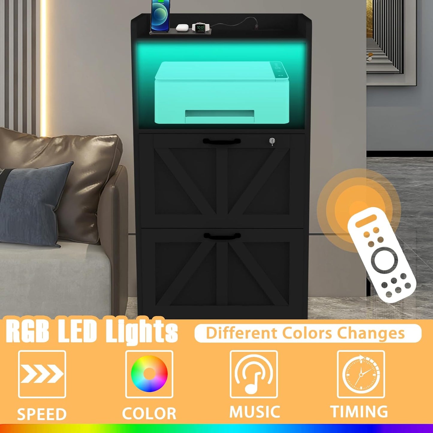 2 Drawer Lateral File Cabinet with Charging Station, Wood Filing Cabinet with Lock & LED Light, Large Storage Printer Stand for Home Office, Black