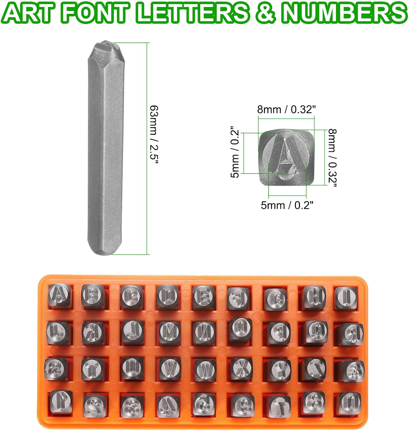 HARFINGTON 36pcs Metal Stamping Kit 3/16" (5mm) Steel Uppercase Letter and Number Punch Set (A-Z / 0-8 / "&" Symbol) Punch Press Tool with Case for Imprinting Metal Plastic Wood Leather