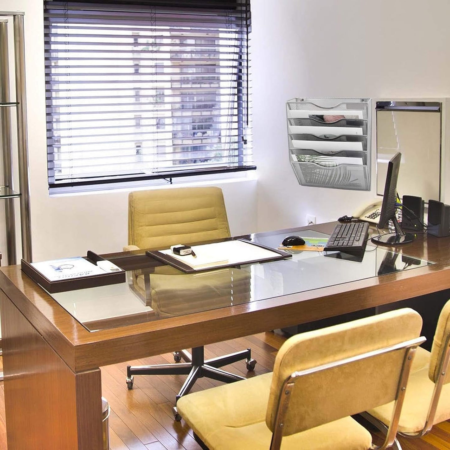 EASEPRES 5 Pocket Mesh Hanging Wall File Organizer, Wall Mounted Mail Paper Document Folder Holder, Clipboard Storage Organization Magazine Rack with Nametag Label for Office Home School, Silver