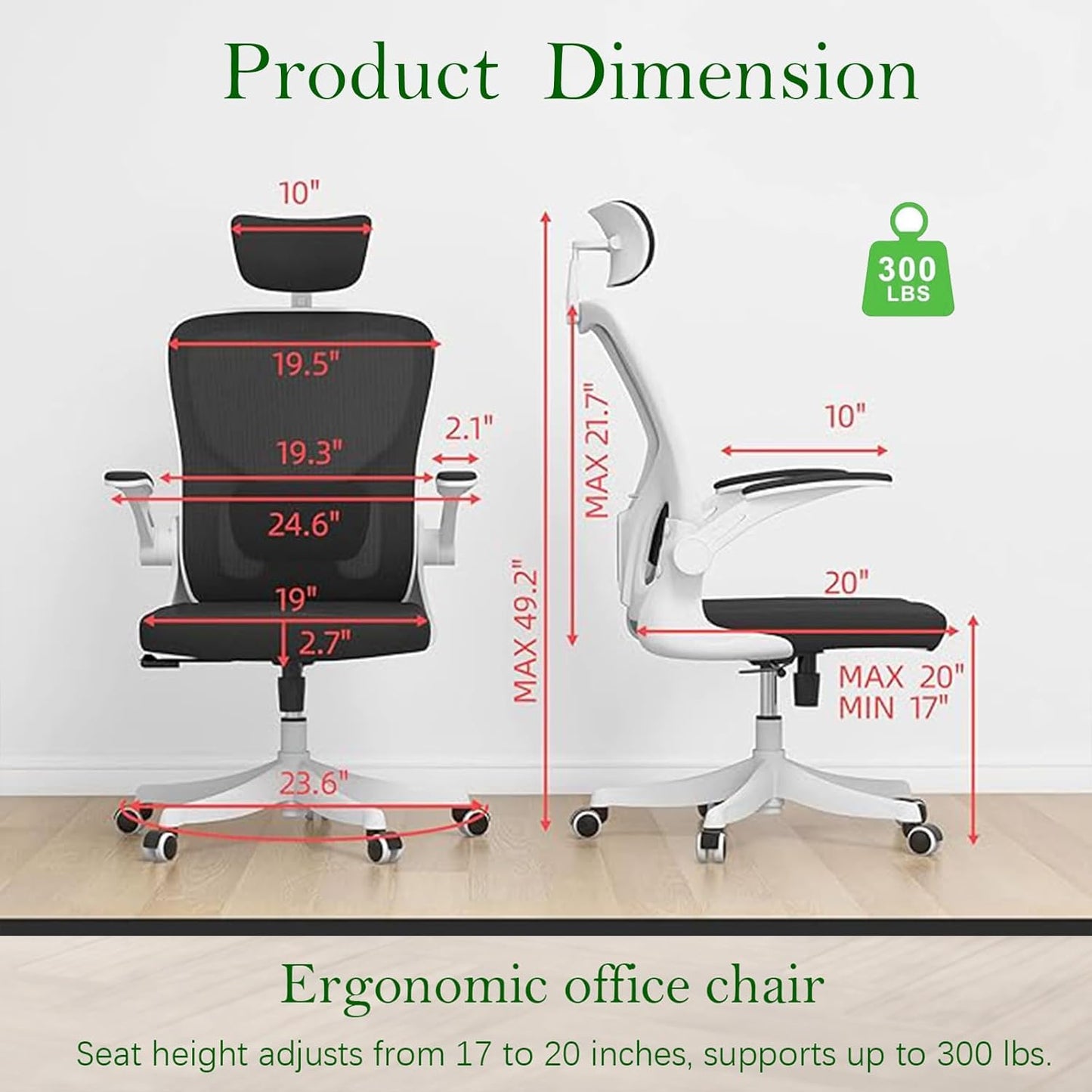 Ergonomic Office Chair, High-Back Mesh Computer Desk Chair with Adjustable Height, Lumbar Support, Flip-Up Armrests,headrest，and Swivel Rolling Design for Home and Office Use