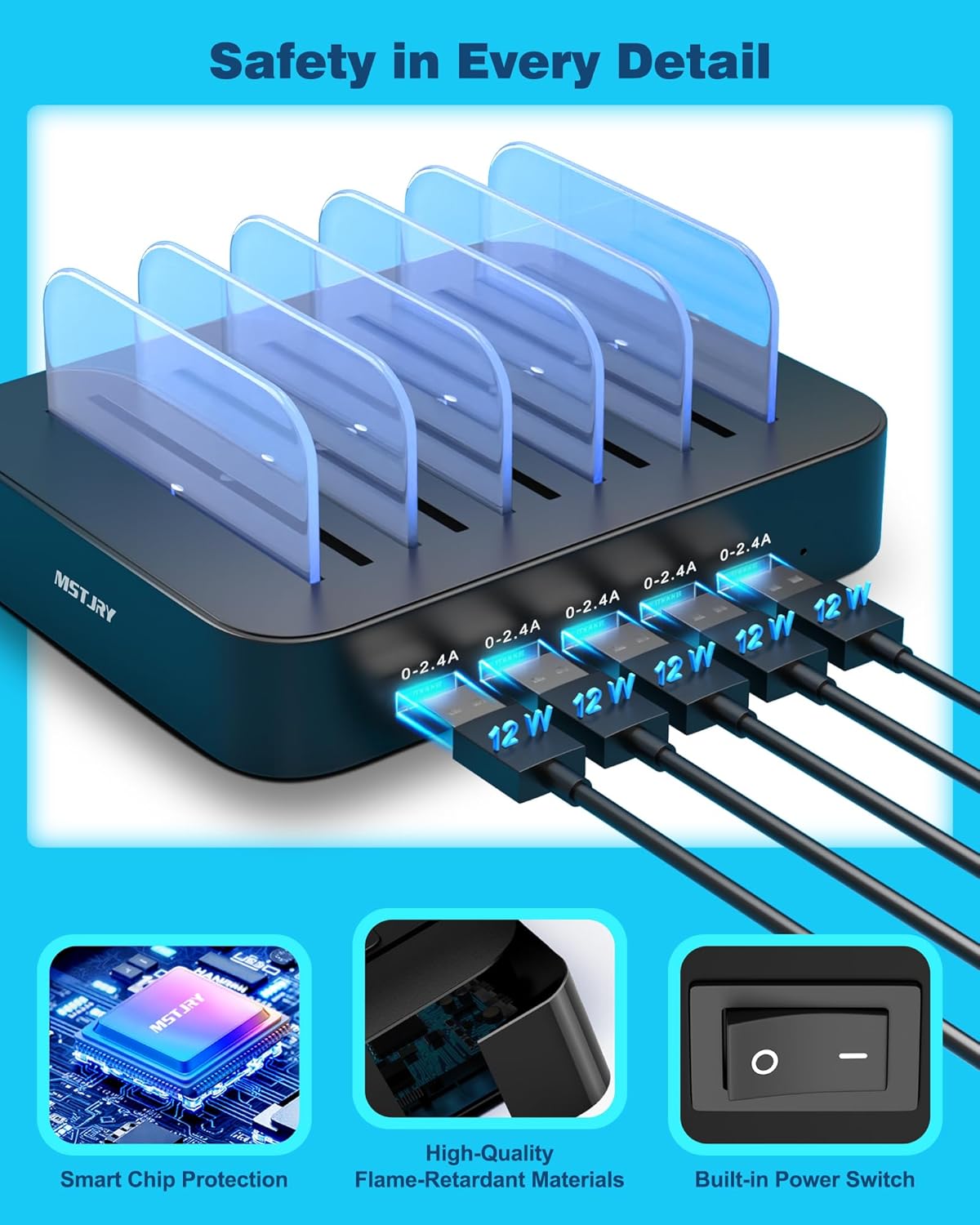 MSTJRY Charging Station for Multiple Devices : 5 Port Multi USB-A Charger Stations Multi-Device Organizer Charging Dock Designed for iPhone iPad Cell Phone Tablets (7 Short Cables Included), Black