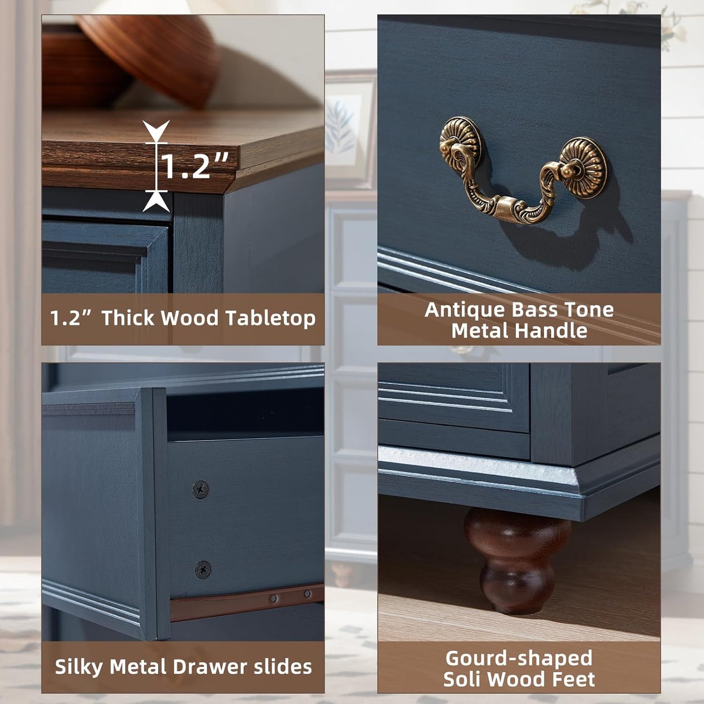 Farmhouse 4 Drawer Dresser Set of 2 for Bedroom, 37" Tall Rustic Chests of Drawers w/ 4 Solid Wood Feet, Mid Century Vintage Wooden Closet Storage Dressers Organizer for Living Room, Navy Blue