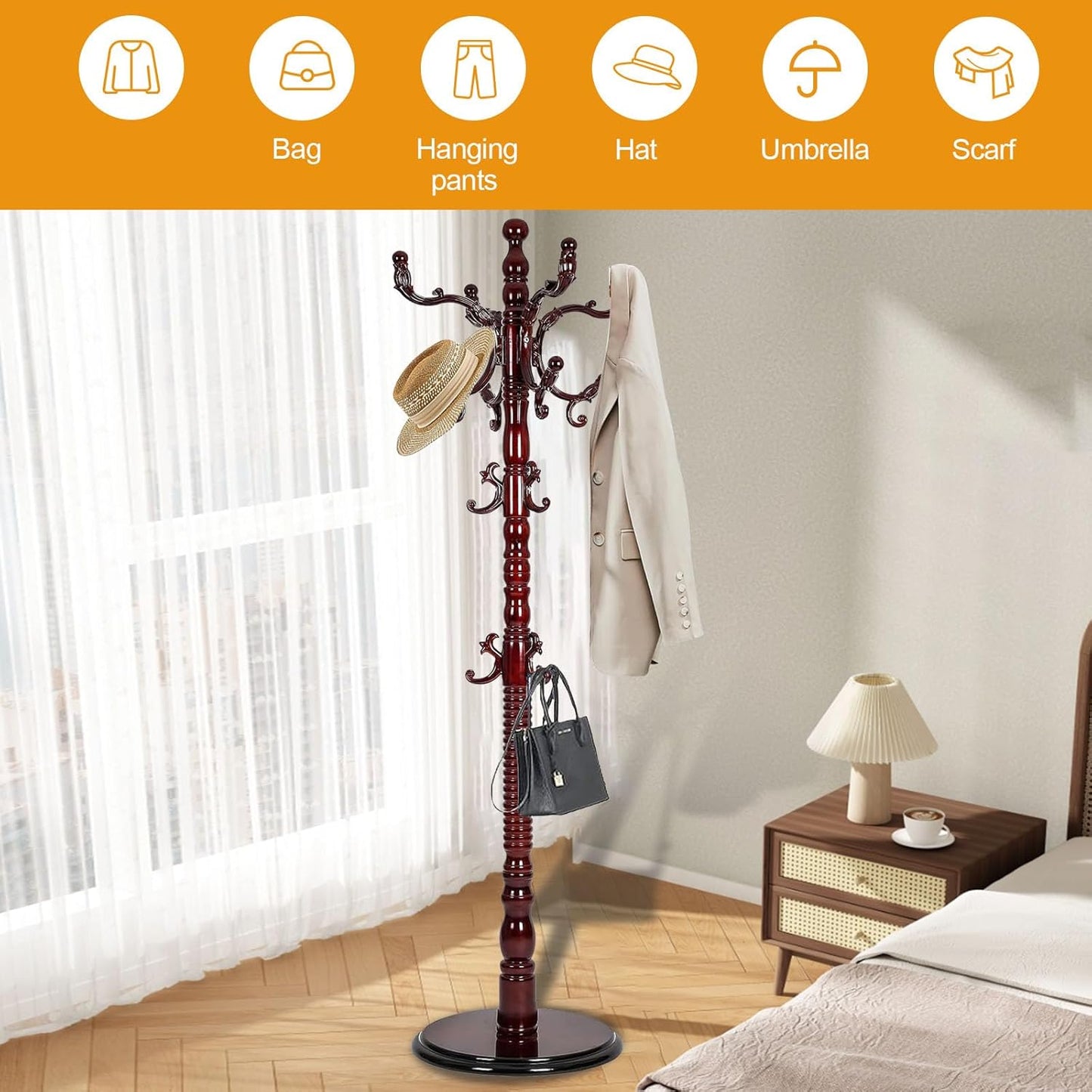 Wooden Coat Rack Free standing 18 Hooks, Vintage Coat Rack Stand for Entryway, Adjustable Height 73", Heavy Duty Coat Tree with Solid Round Base for Home Bedroom, Office (Walnut)
