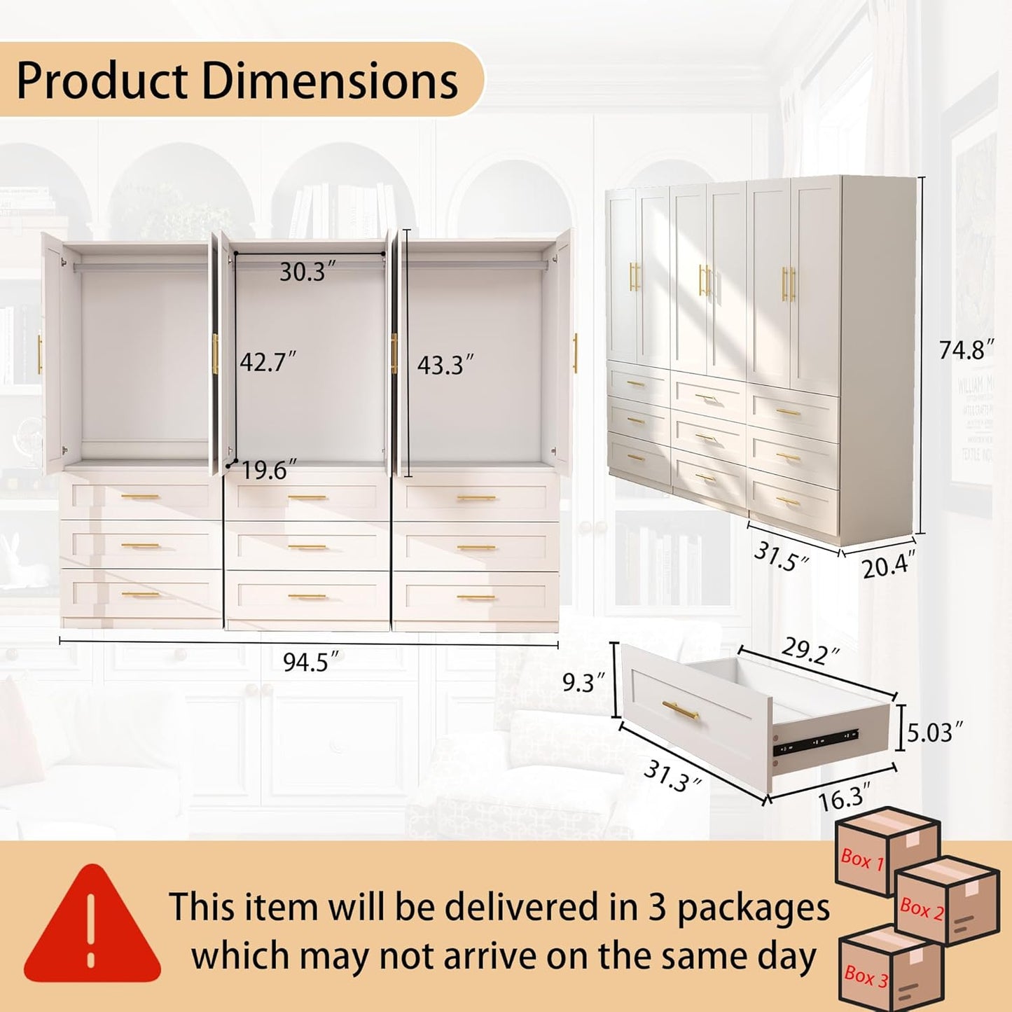 White Wardrobe with 6 Doors: 75" Tall Armoire Wardrobe Closet with 9 Drawers, Bedroom Closet Cabinet for Hanging Clothes, Wooden Storage Armoire with Shelves (Modern, 3)