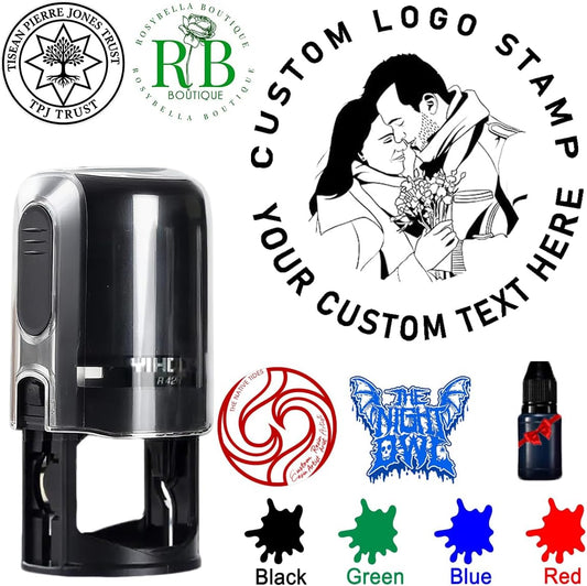 Custom Logo Stamp,Personalized Business Stamp Customized Self-Inking Stamp Business Logo Text Address Stamp-Round,4 Ink Colors Available (Black Case)