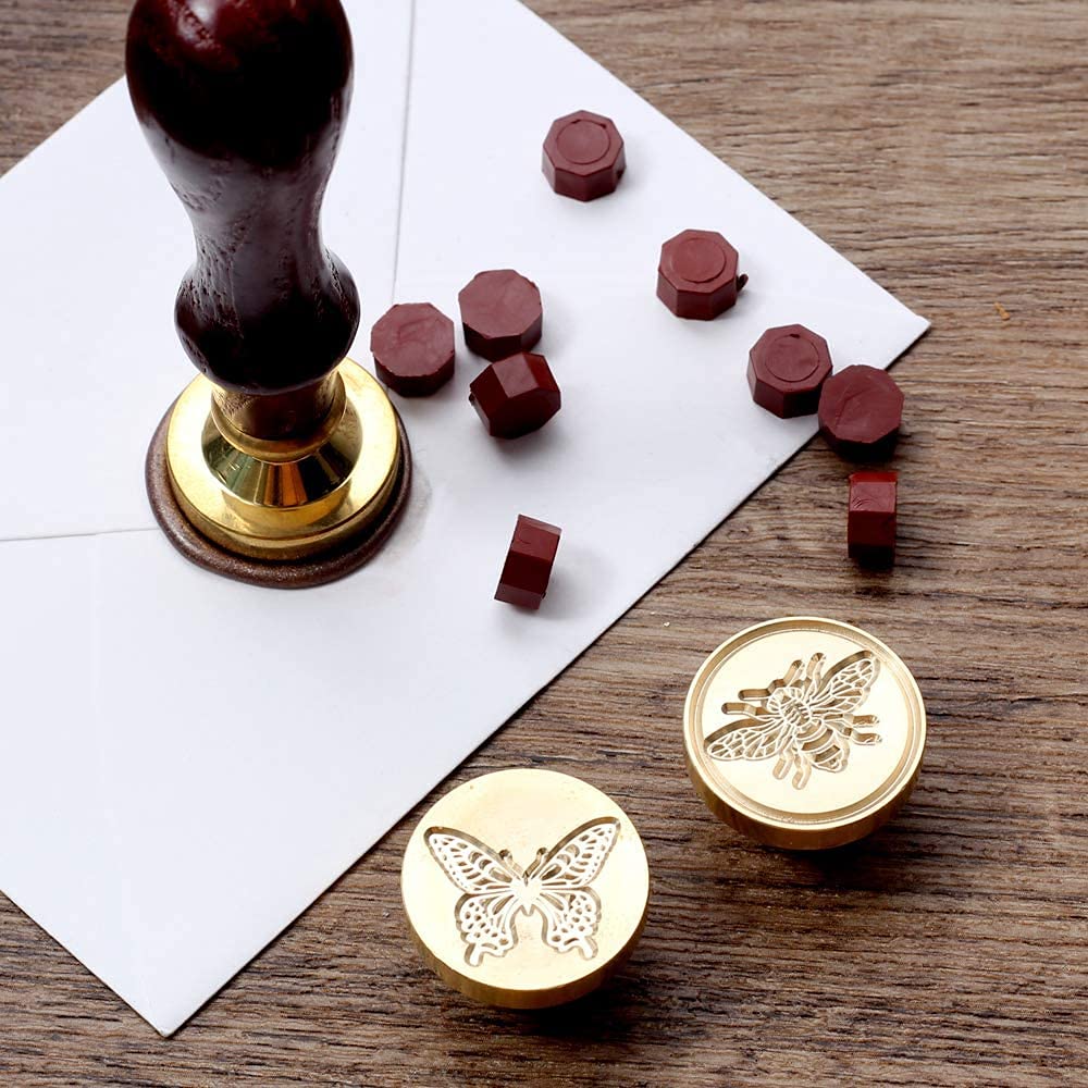 Wax Seal Stamp Gift Box Set, 6 Pcs Sealing Wax Stamps Copper Seals 1 Wooden Hilt, Wax Stamp Kit for Cards Envelopes, Gift Packaging (Animal Insect Series)