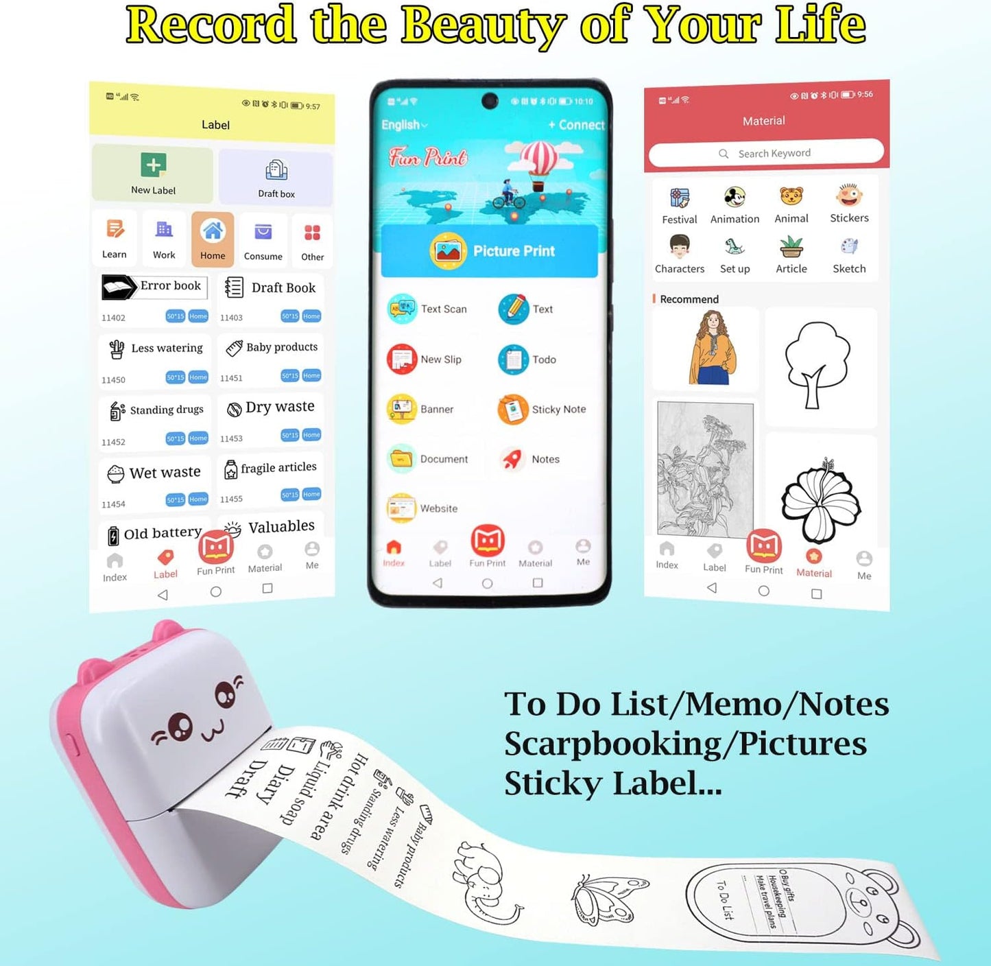 Mini Pocket Printer, Portable Thermal Printer with 8 Rolls Printing Paper, Bluetooth Wireless Tiny Printer for Photos/Stickers/Labels/Notes/Receipts, Compatible with iOS and Android, Pink