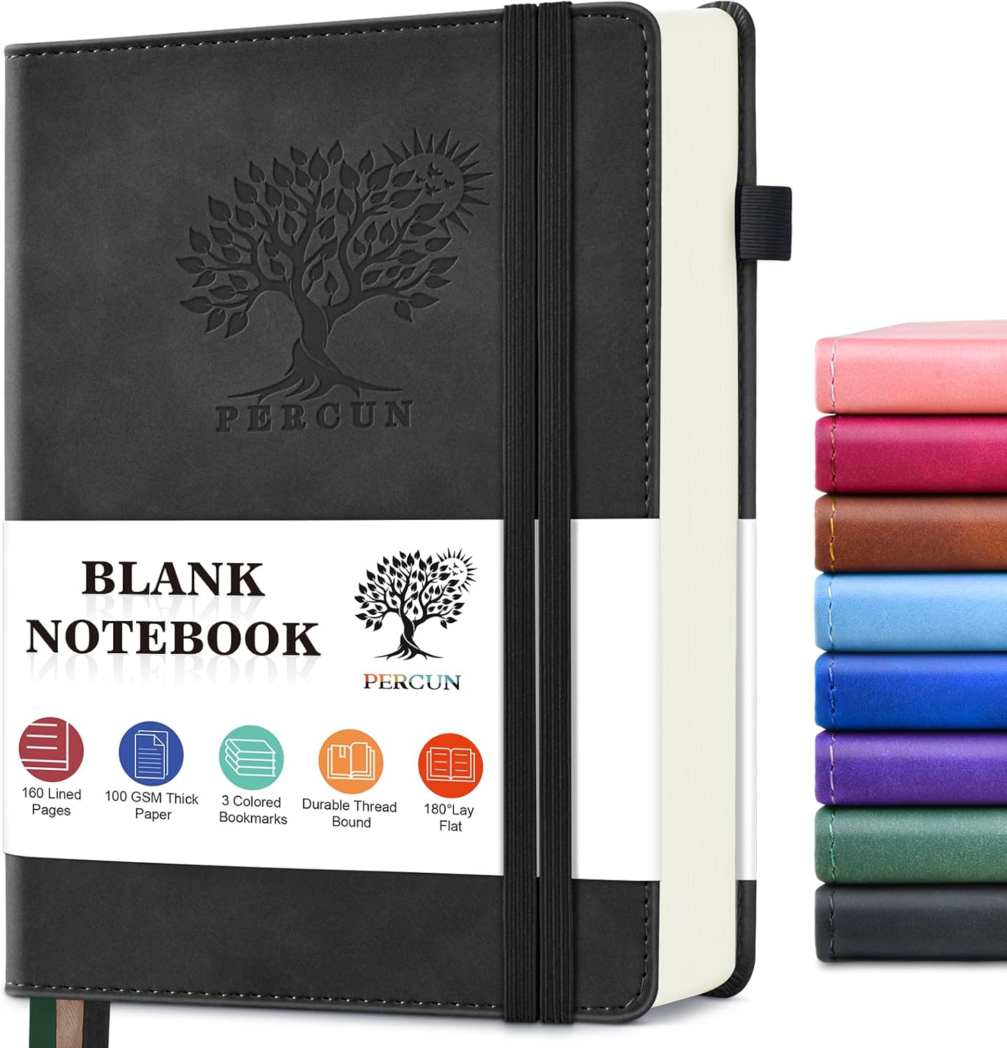 PERCUN Blank Journal Ntebook for Men & Women, 160 Pages Blank Journals for Writing, Drawing,Sketch Book,5.9" x 8.5" Leather Sketchbook, Unlined Notebook for Work, School, Art - Black