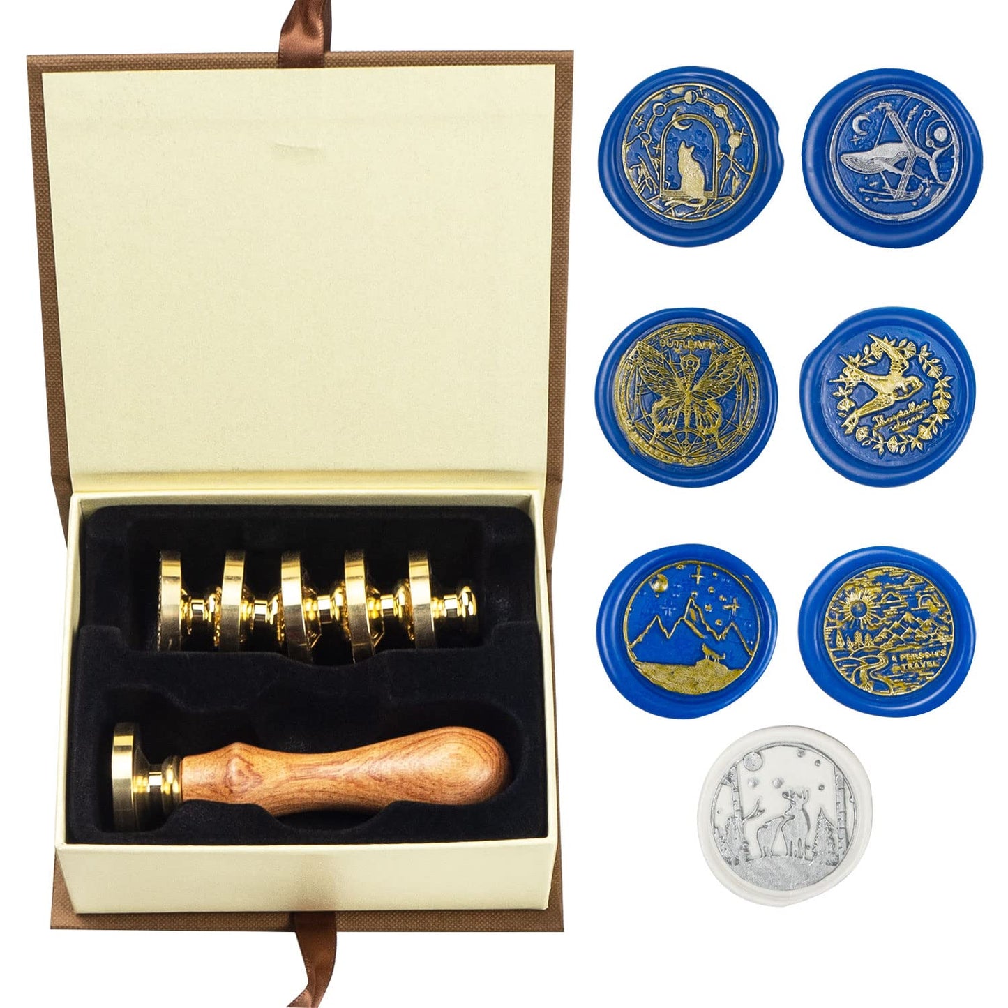 Animal Wax Seal Stamp Set with 7 PCS Removable Brass Heads and 1 Wooden Handle - Cat, Whale, Butterfly, Swallow, Wolf Sealing Wax Stamp for Cards & Invitations