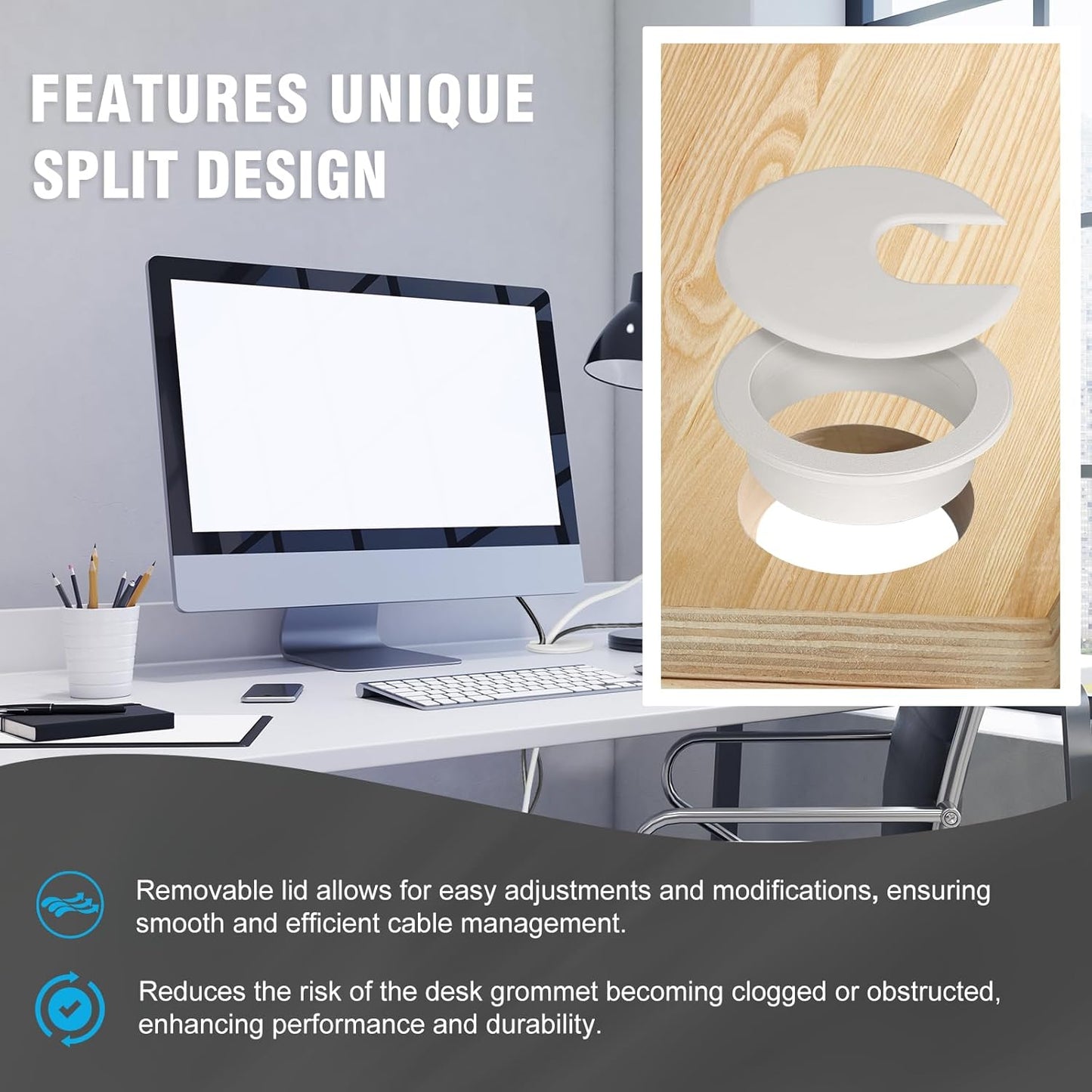 2" White Desk Grommet with Bi-Metal Hole Saw, JTemgle Plastic Cable Hole Cover Computer Table Cord Wire Organizer Caps, Desktop Cord Management for Home Office TV Stands Tabletops, 13 Pieces