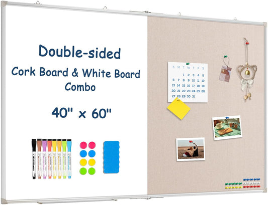 Large White Board Dry Erase Foldable Bulletin Board Combo, 60" x 40" Double Sided Dry Erase Board for Wall, Magnetic Whiteboard Bulletin Board with Linen for Office, Home, School, Kitchen -White