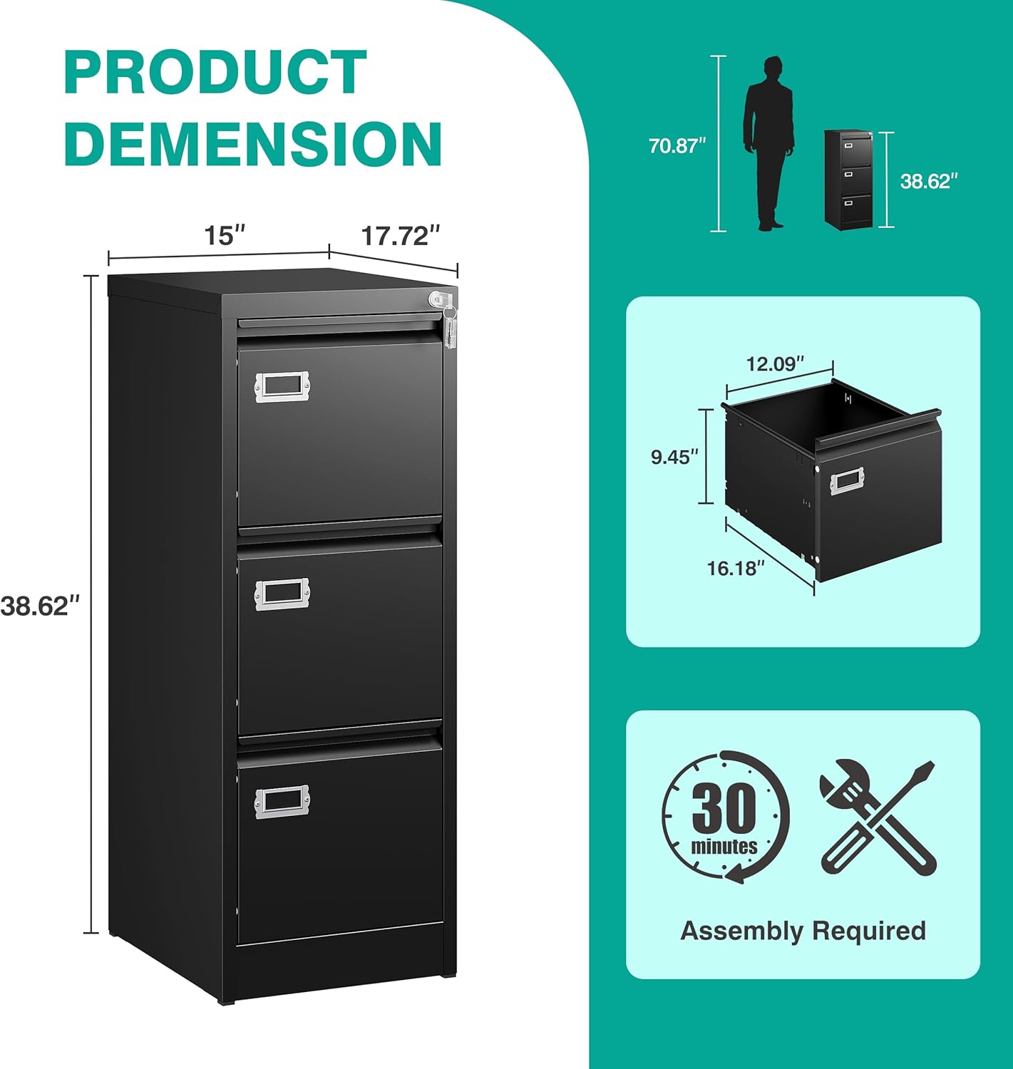 SISESOL 3 Drawer File Cabinet with Lock and Tag,Narrow Three Drawer Filing Cabinet,Vertical Metal File Cabinets,Small Black Filing Cabinets for Home Office Fit Letter/A4/Legal Size File,Easy Assembly
