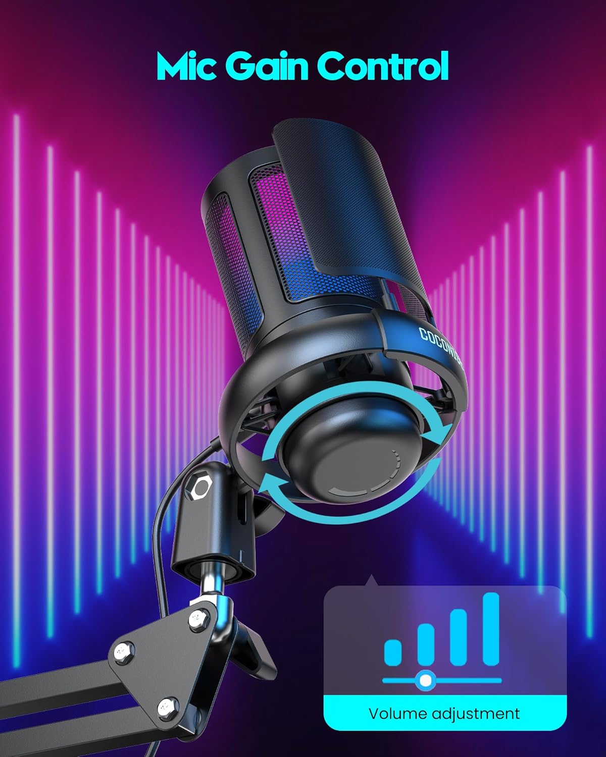 Gaming Microphone, USB PC Mic for Podcasts Videos, Streaming, Condenser Mic with Quick Mute, Tripod Stand, Pop Filter, RGB Indicator, Shock Mount, Rotate gain button, Compatible with PS4/5/PC