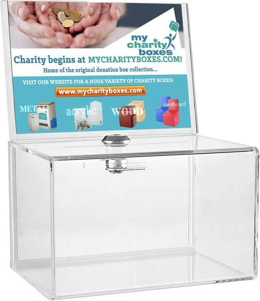 Acrylic Donation Collection Ballot Box Ticket & Drawing Voting or Comment Box office and fundraising suggestion box 6.25 x 4.25 Display Sign Holder 4.25 x 6.25 inch with Lock and keys