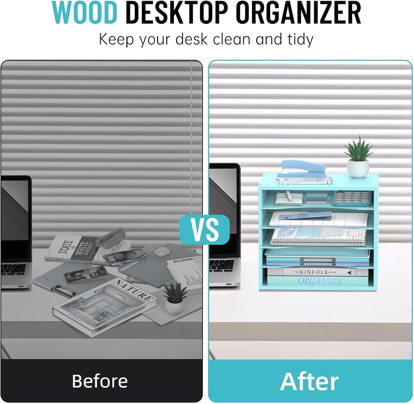 5-Tier Wood Desk Organizer, Paper Tray Organizer for Desk with Adjustable Storage Shelves, Desktop Paper Sorter Mail Holder for Office Home Classroom, Blue