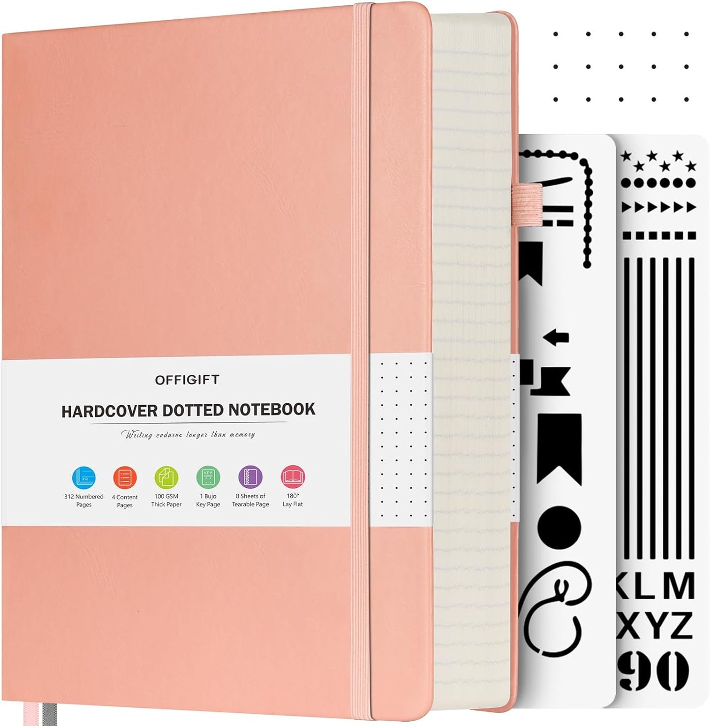 Bullet Dotted Journal Notebook, 312 Numbered Pages A5 Hardcover Leather Journal, 100gsm No Bleed Paper Dot Grid Notebook with Index Pages, Dot Journal for Women Men, 5.75" x 8.38", Pink