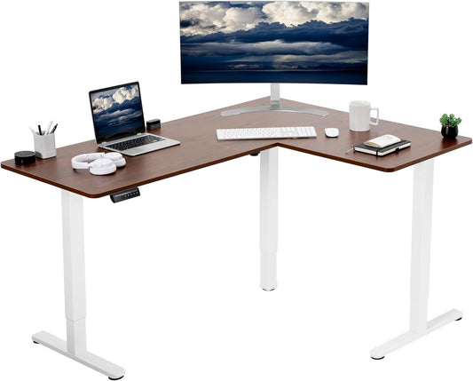 VIVO Electric Corner L-Shaped 63 x 47 in Standing Desk, Memory Height Adjustment, Dark Walnut Top White Frame, DESK-E3CTWD-47