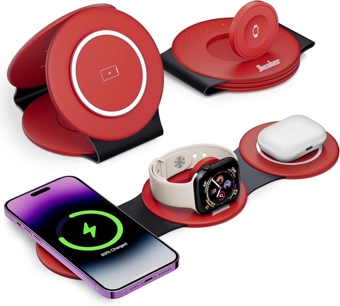 Hicober 3 in 1 Wireless Charging Station for Apple Watch and iPhone 16 15 14 13 12 Pro/Max/Plus, 3 in 1 Magnetic Foldable Wireless Travel Charger Station Stand for Airpods iWatch All Series Dark Red
