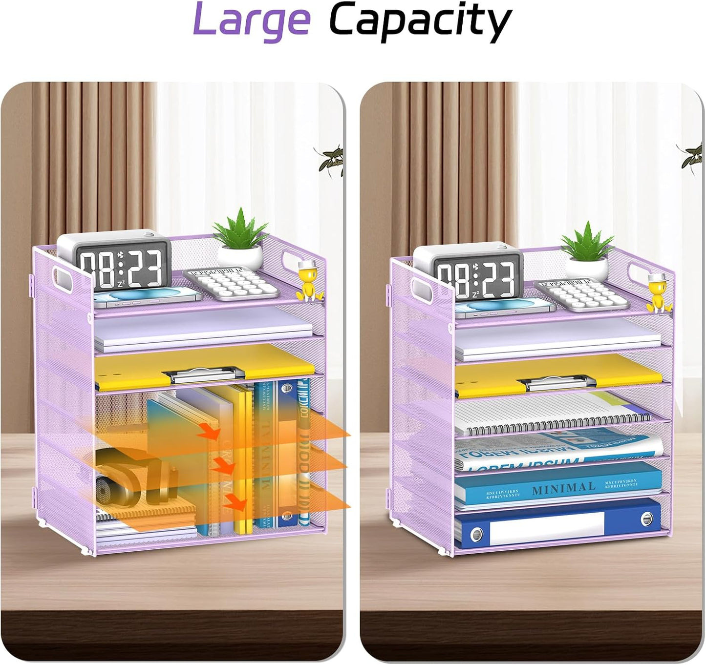 7 Tier Paper Organizer - Mesh Desktop File Holder with Handles for Office School Desk, Black (Purple)