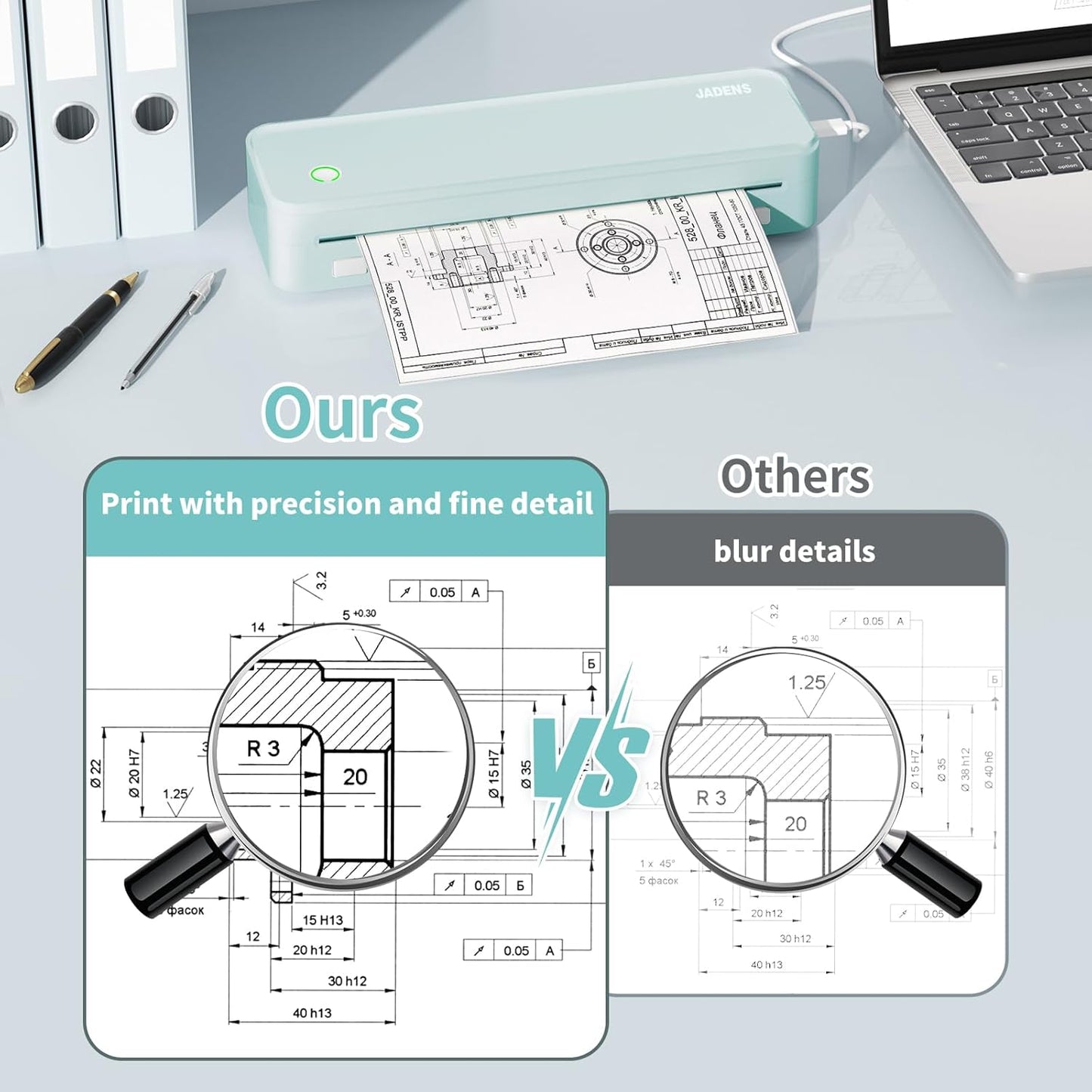 JADENS Portable Printers Wireless for Travel, Thermal Inkless Printer, Support 8.5" X 11" Thermal Paper(Green)