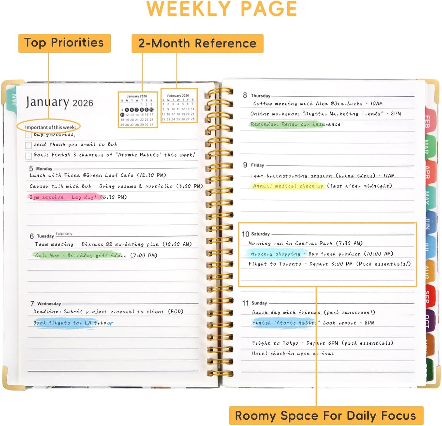2026 Planner, A5 (6.3"x 8.5") Planner 2026 Jan-Dec, Monthly/Weekly/Daily Tabs with Contacts & Holidays, Hard Cover, Organizer for School and Business Supplies (Leaf)