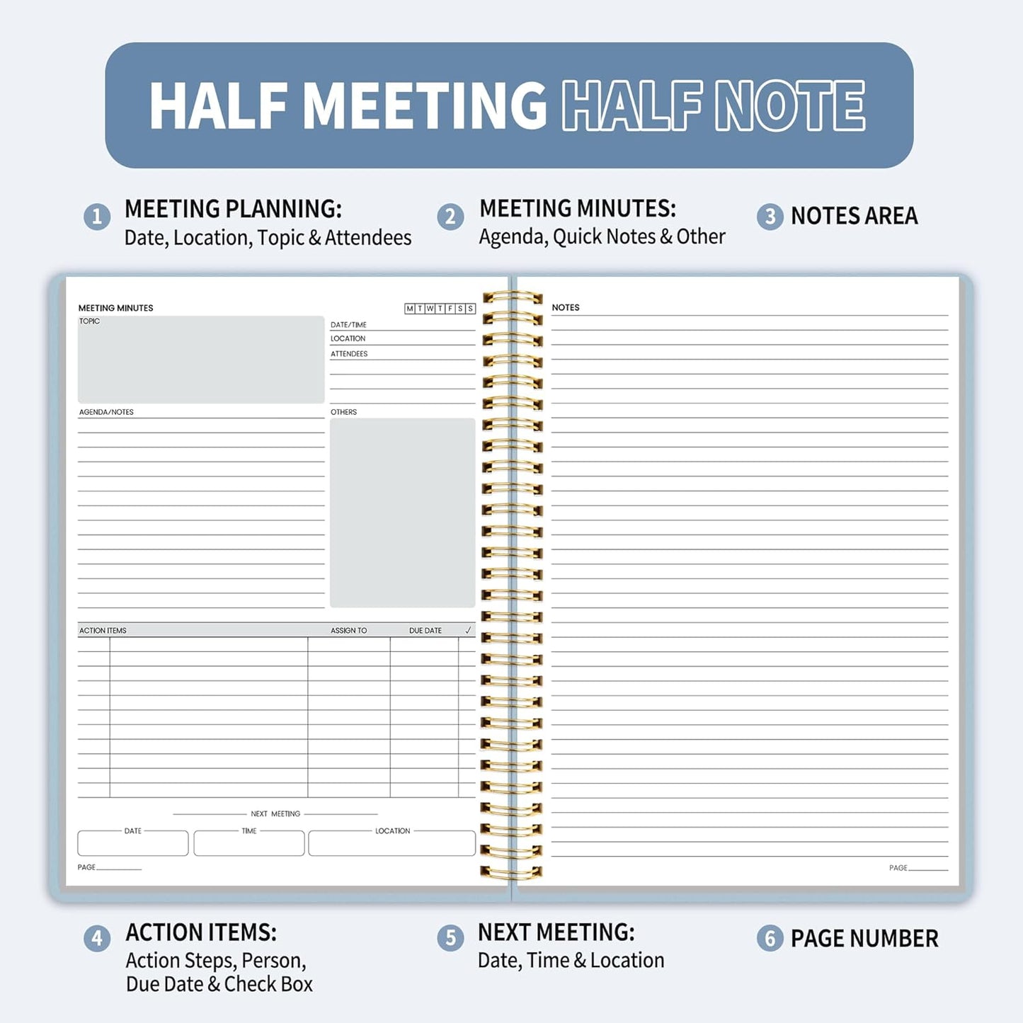 SUNEE Half Meeting Half Note - 7.5"x10" Professional Notebooks for Work - 160 Pages, B5 Size Project Planner, Spiral Meeting Agenda/Minutes Organizer for Women Men, Note Taking, Office & Business