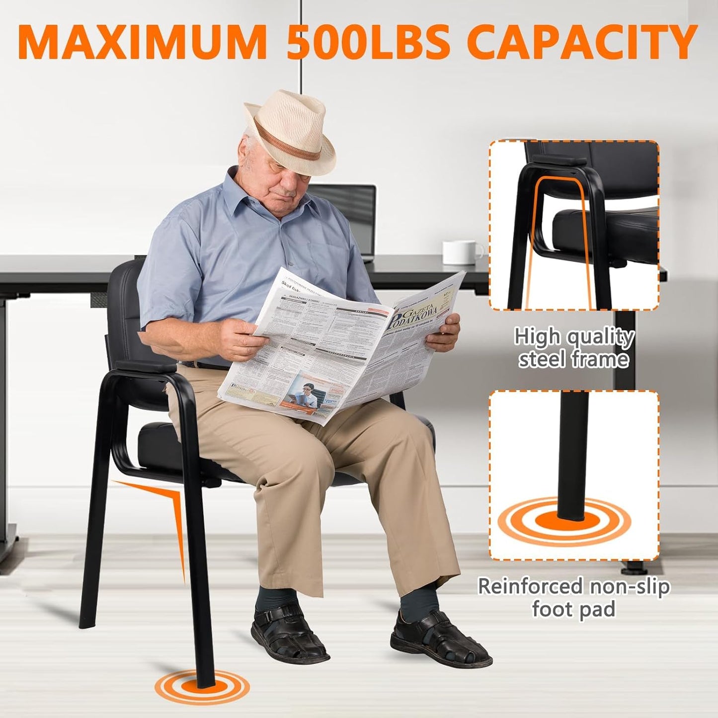 CLATINA Big & Tall 500 lbs Waiting Room Guest Chair, Leather Office Reception Chair No Wheels with Padded Arms for Elderly Home Desk Conference Room Lobby Side Salon Clinic, Black(4 Pack)