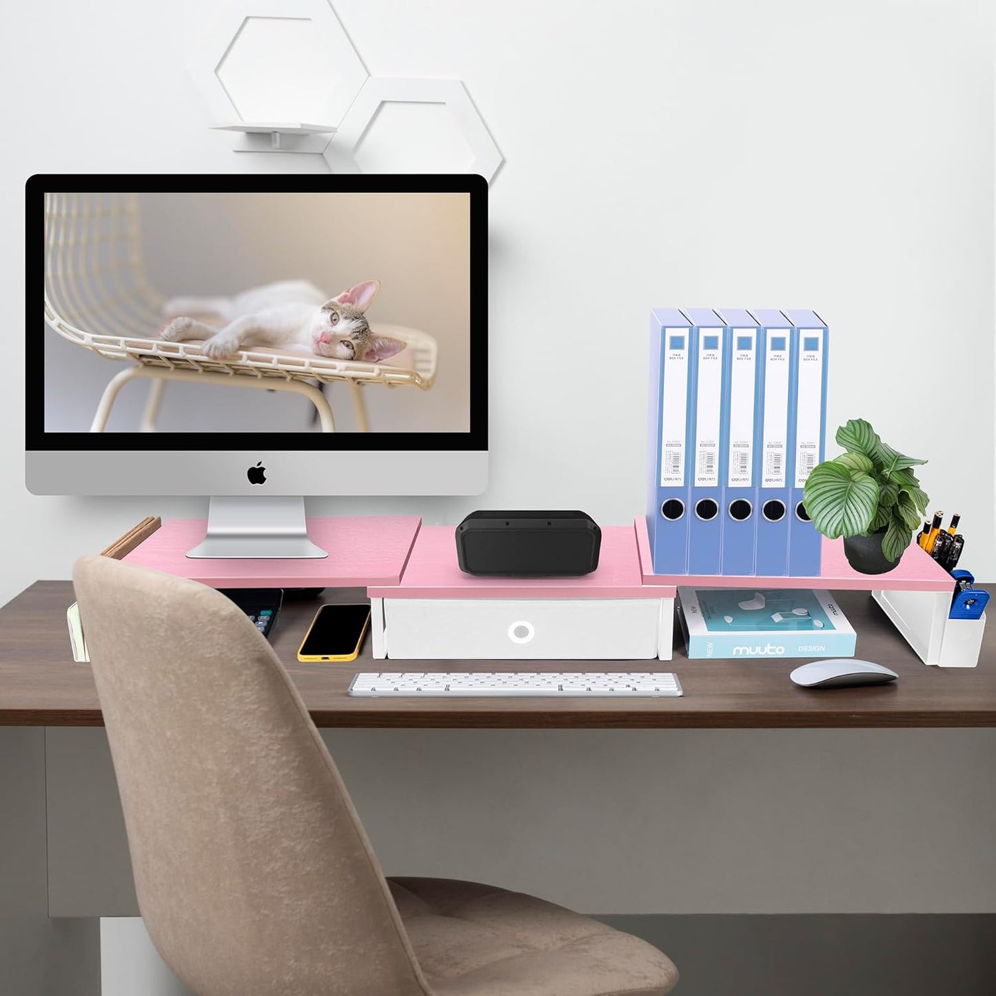 Dual Monitor Stand Riser With Drawer & Metal Leg, Large Desk Shelf For 2 Monitors w/ Adjustable Length & Angle, Desktop Organizer For Laptop/TV/Printer