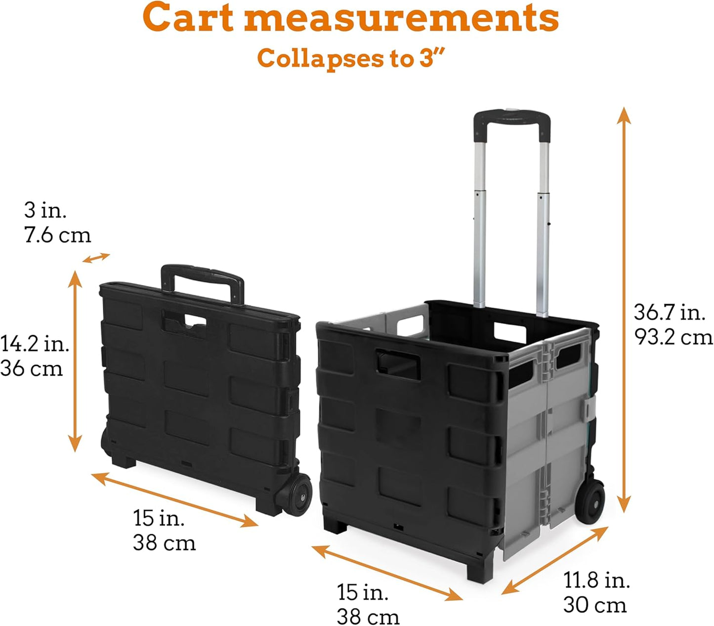 Inspired Living Ultra-Slim Rolling Collapsible Storage Pack-N-Roll Utility-carts, with Telescopic Handle, for Home, Garden, Shopping, Office, School use, Medium, Grey & Black