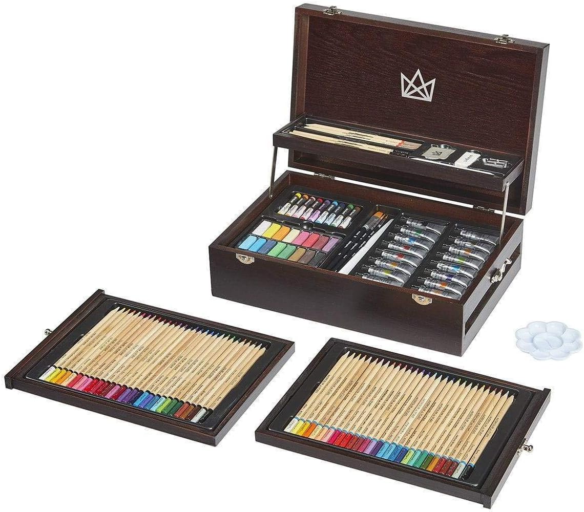 KINGART 131 MIXED MEDIA ART SET - 115 Pc., 2-Drawer Wooden Case, Pencils, Pastels, Paints, Brushes, Erasers, Sharpener, Palette Knife, Palette, Painting, Drawing, All Skill Levels, 115 Pc.