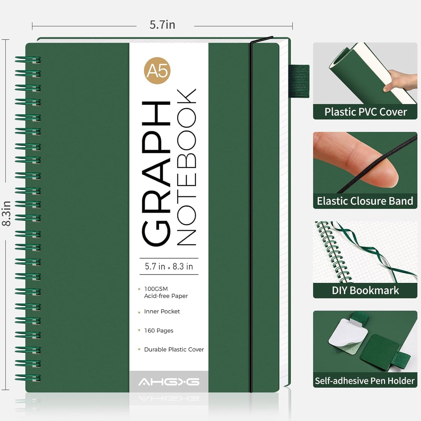 AHGXG Graph Paper Notebook - Spiral Notebook Journal 160 Pages, A5 Graph Notebook 5.7" x 8.3", 100 gsm Thick Grid Paper, Waterproof Plastic Cover, for School Writing Engineering Math, Green