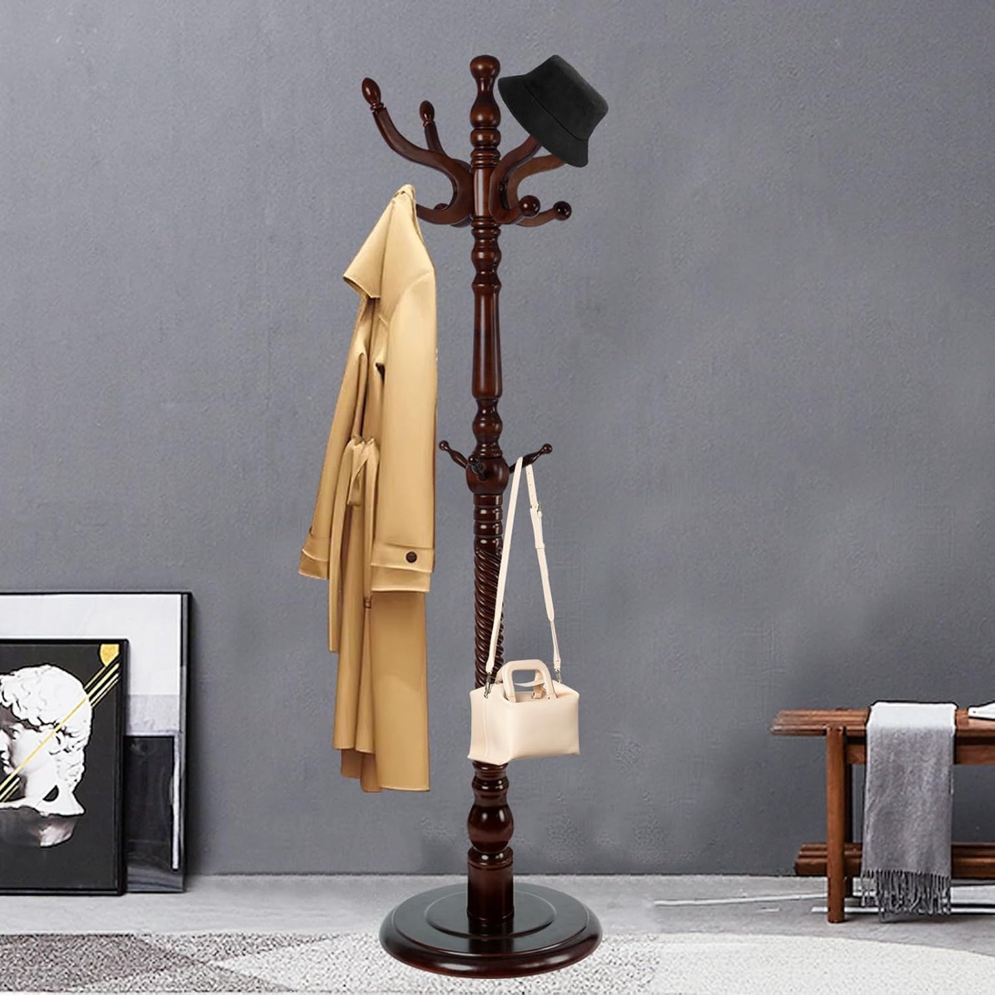 Coat Racks FreeStanding with 11 Hooks, Natural Wood Coat Rack with Solid Round Base, Adjustable Height Coat Racks, Easy Assembly for Hallway, Bedroom and Office (Walnut-Solid Round Base)